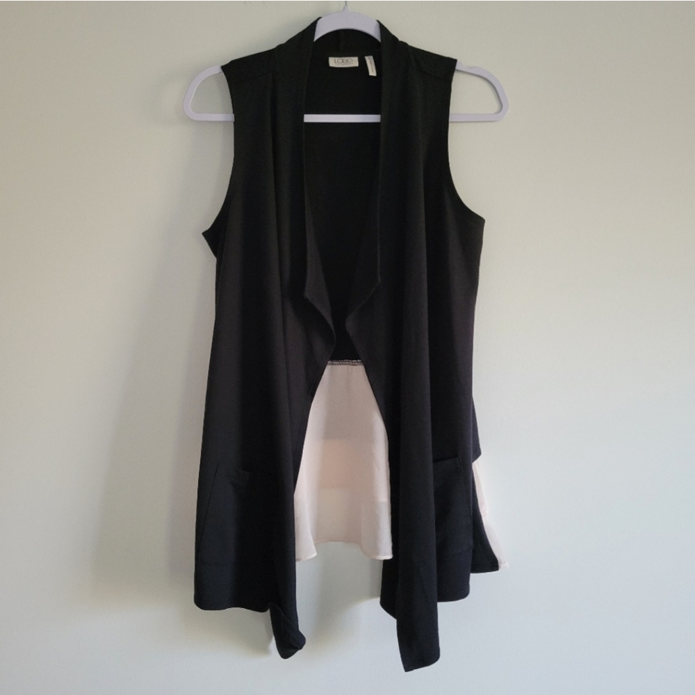 LOGO by Lori Goldstein Open Front Lagenlook Minimalist Chic Black Vest S
